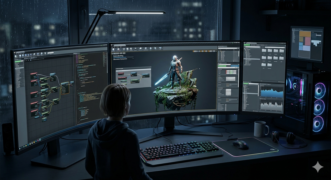 Technical game production visual showing the development and support process